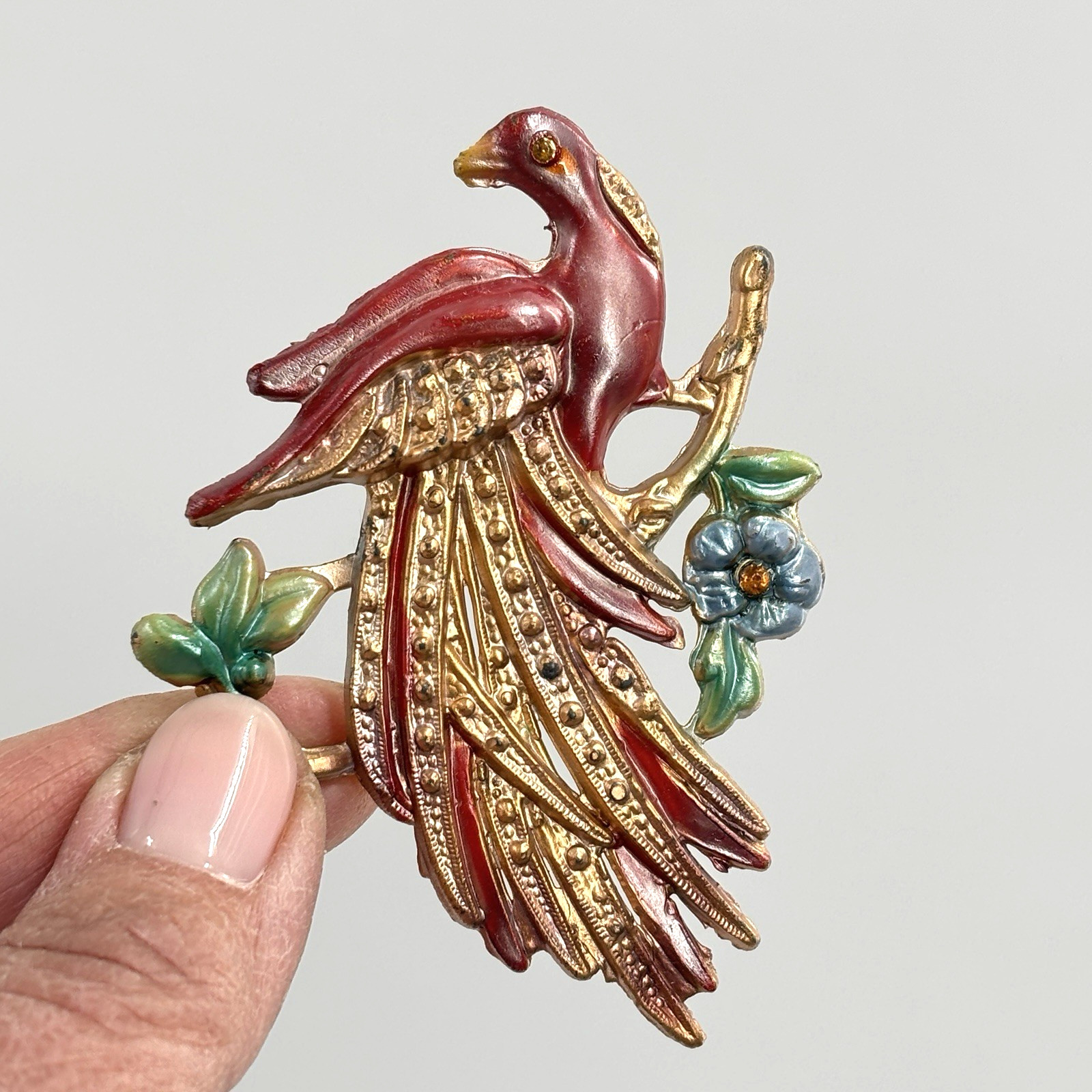 Vintage Pot Metal and Enamel Brooch Pin Exotic Bird Flowers Tropical Paradise