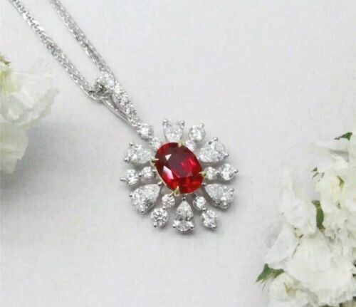 3Ct Oval Cut Lab Created Red Ruby Halo Flower Pendant 14K White Gold Plated SLVR