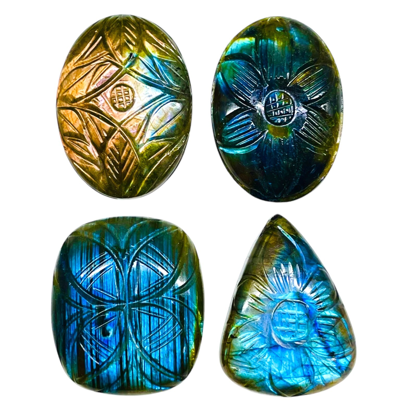 4 Pcs Natural Carved Labradorite 32-34mm Huge Pendant Size Loose Gemstones Lot