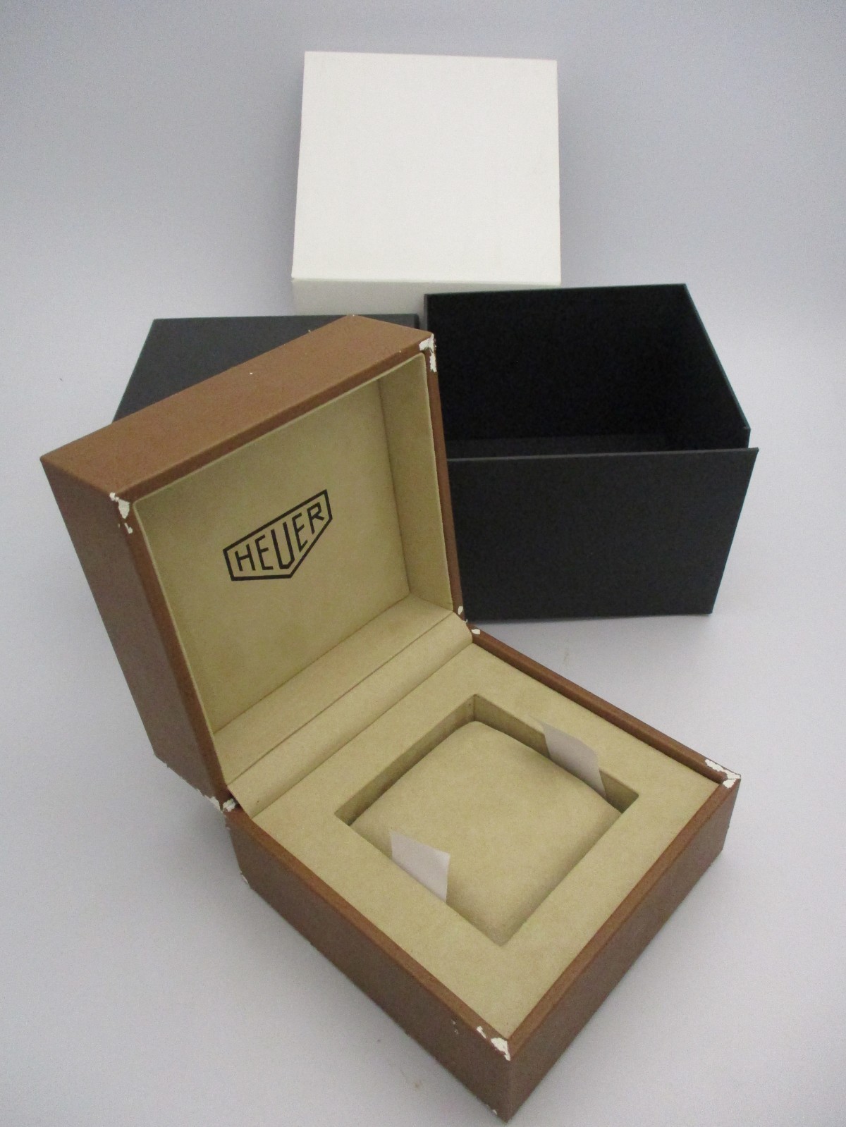 HEUER Brown Watch Chest Box Pillow Set, Black Outer Cartons & White Outer Sleeve