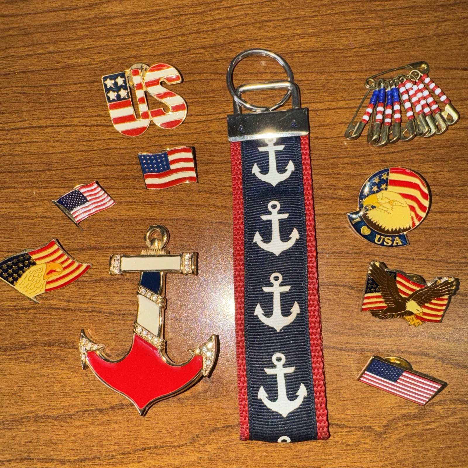 USA Nautical Patriotioc Jewelry Lot, Ten Pieces, Pins, Key Chain, Red White Blue