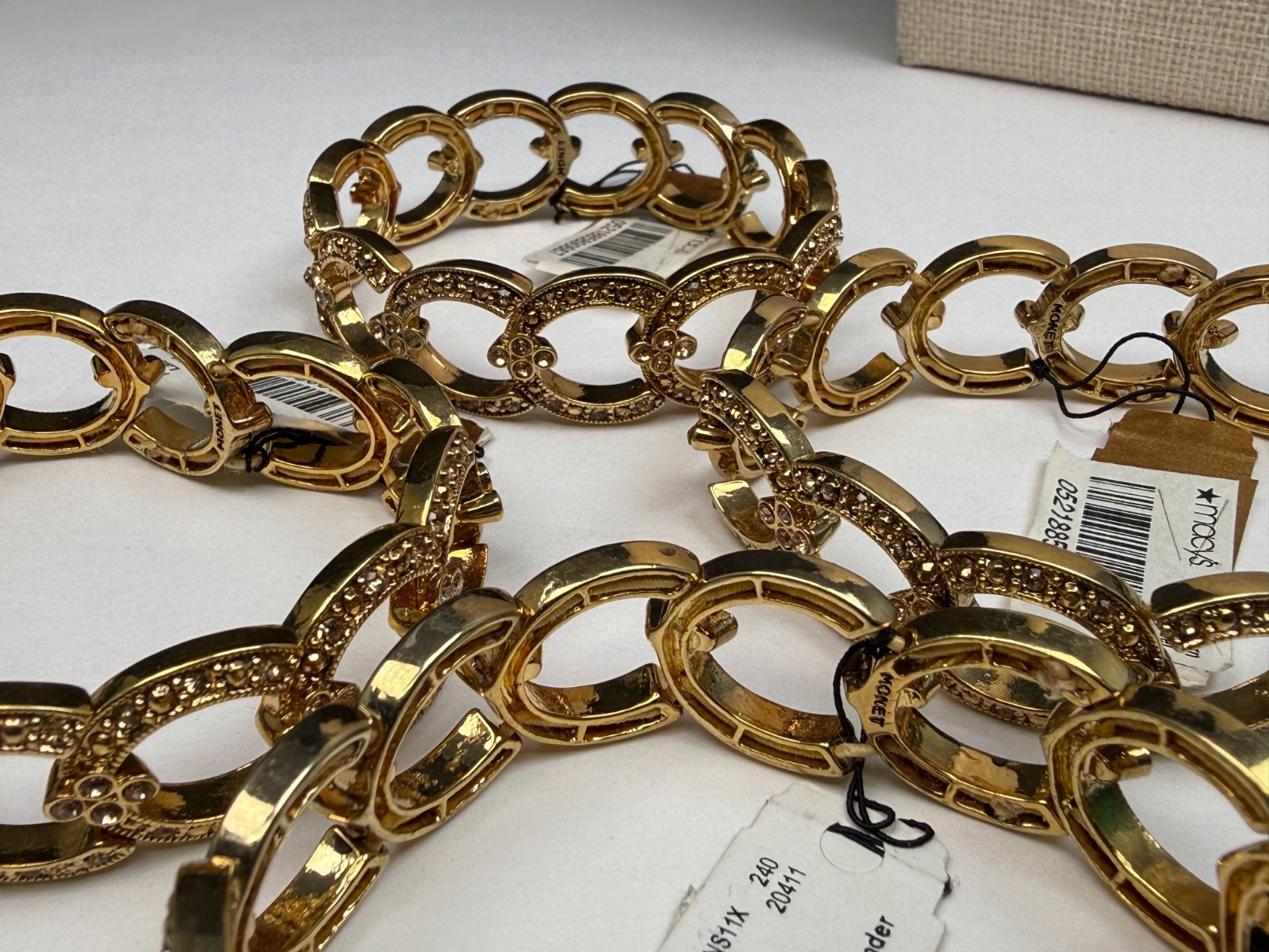 Vintage Signed Monet Horse Shoe Gold Tone Rhinestones Stretch Bracelets Lot (4)