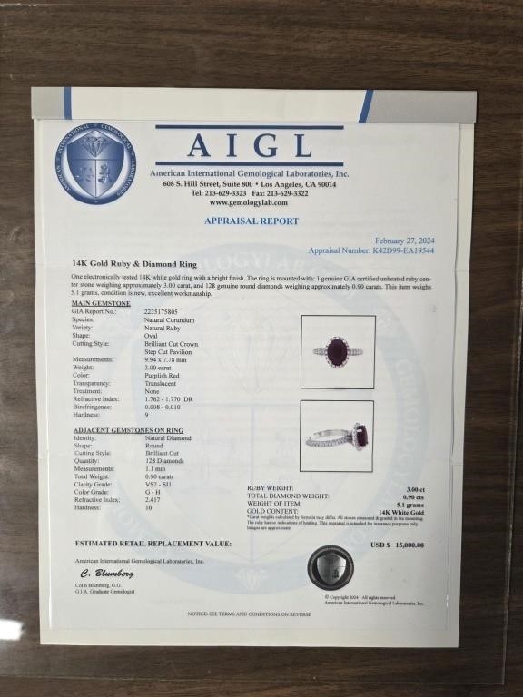 Natural GIA Cert 3.0ct Ruby & .90ct Diamond 14k Wt Gold Ring, Size 7.