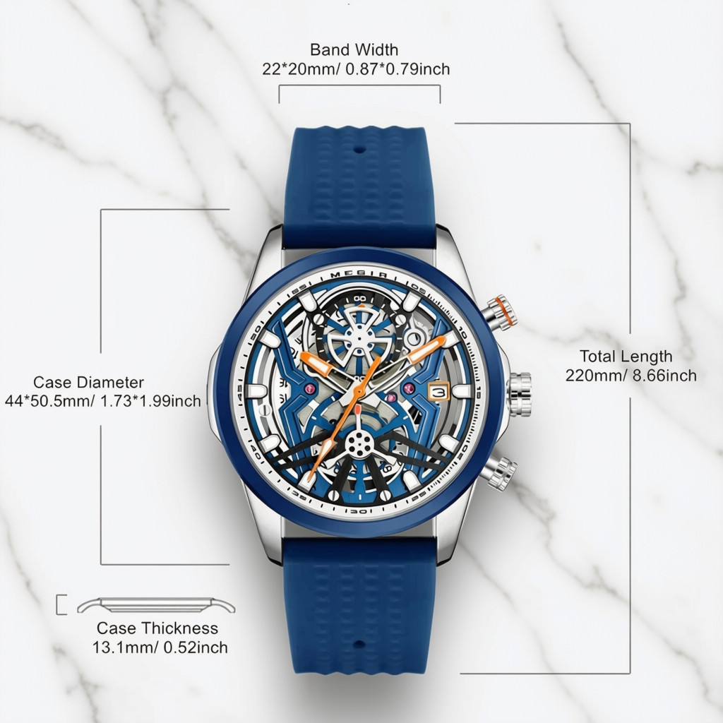 Mens 44mm Skeleton Silicone Band Quartz Blue Dial Strap Orange Hands Watch Megir