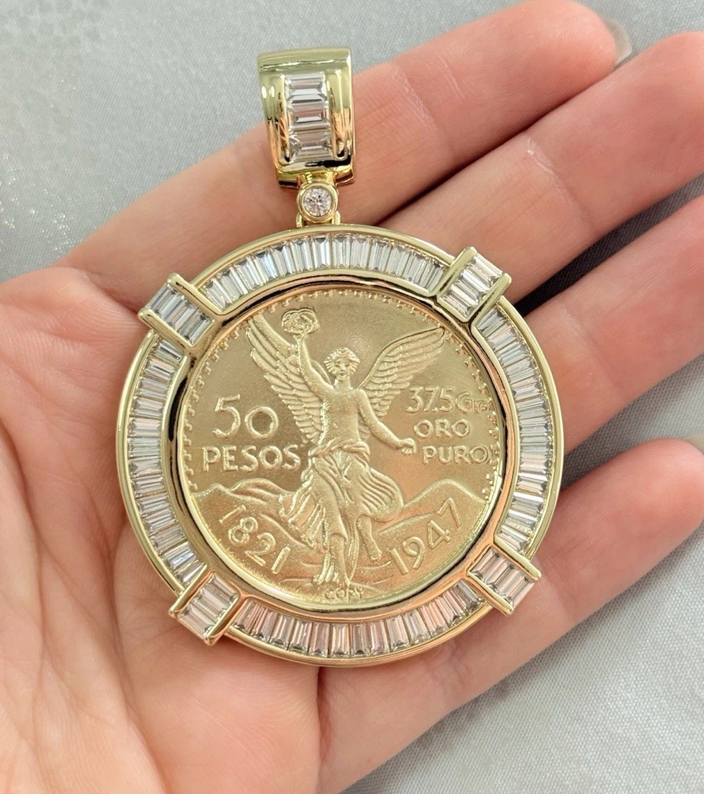 Design 50 Pesos Moneda Mexican Coin Pendant 14k Yellow Gold Plated Lab Created