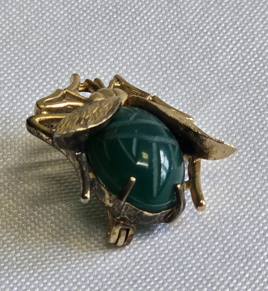 Vtg Sterling Silver Gold Vermeil Brooch 7.69g Fine Jewelry Jade Look Pin *READ*