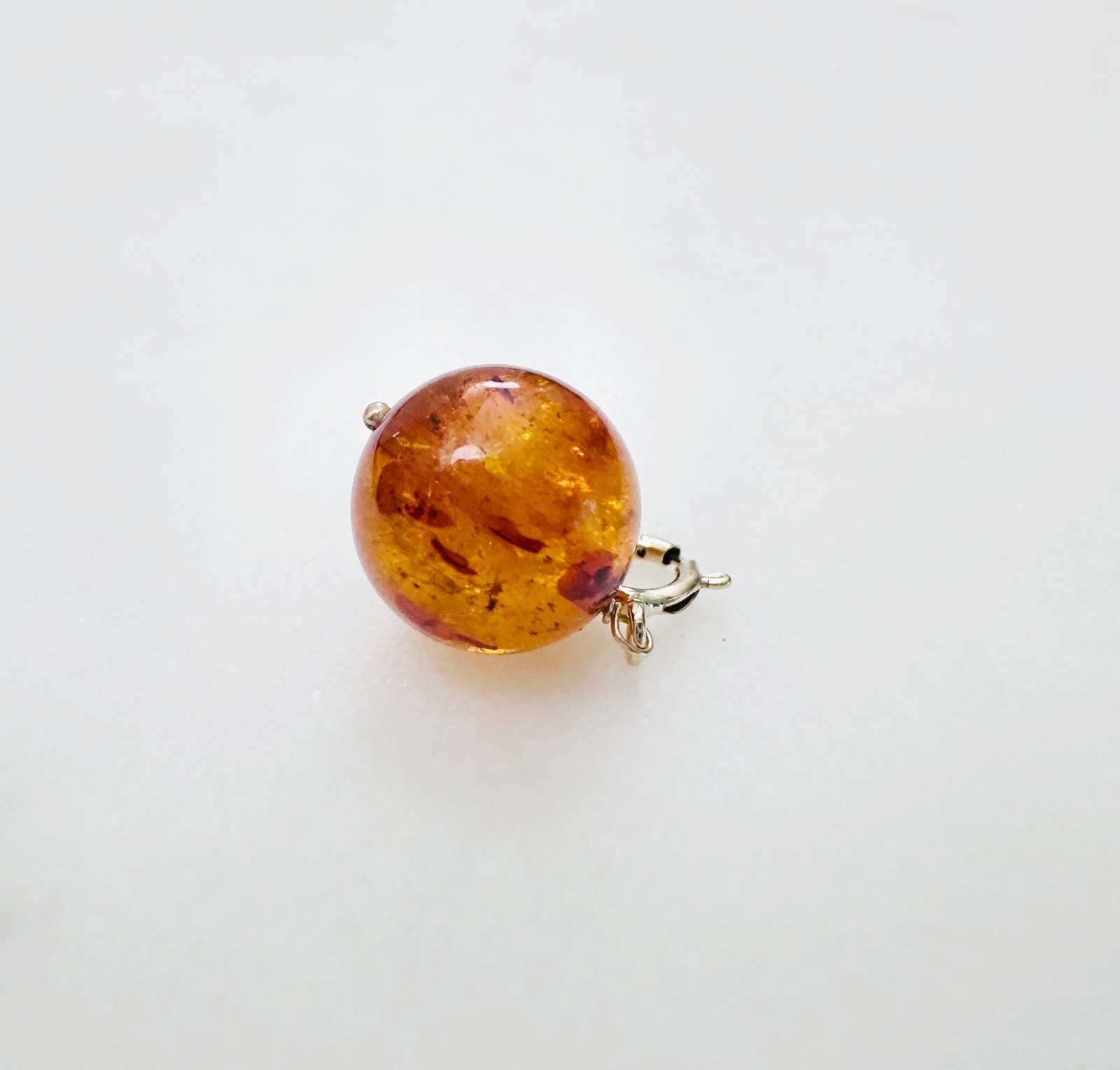 14K Solid Yellow Gold 9mm Round Cognac Baltic Amber Charm Pendant w/Spring Clasp