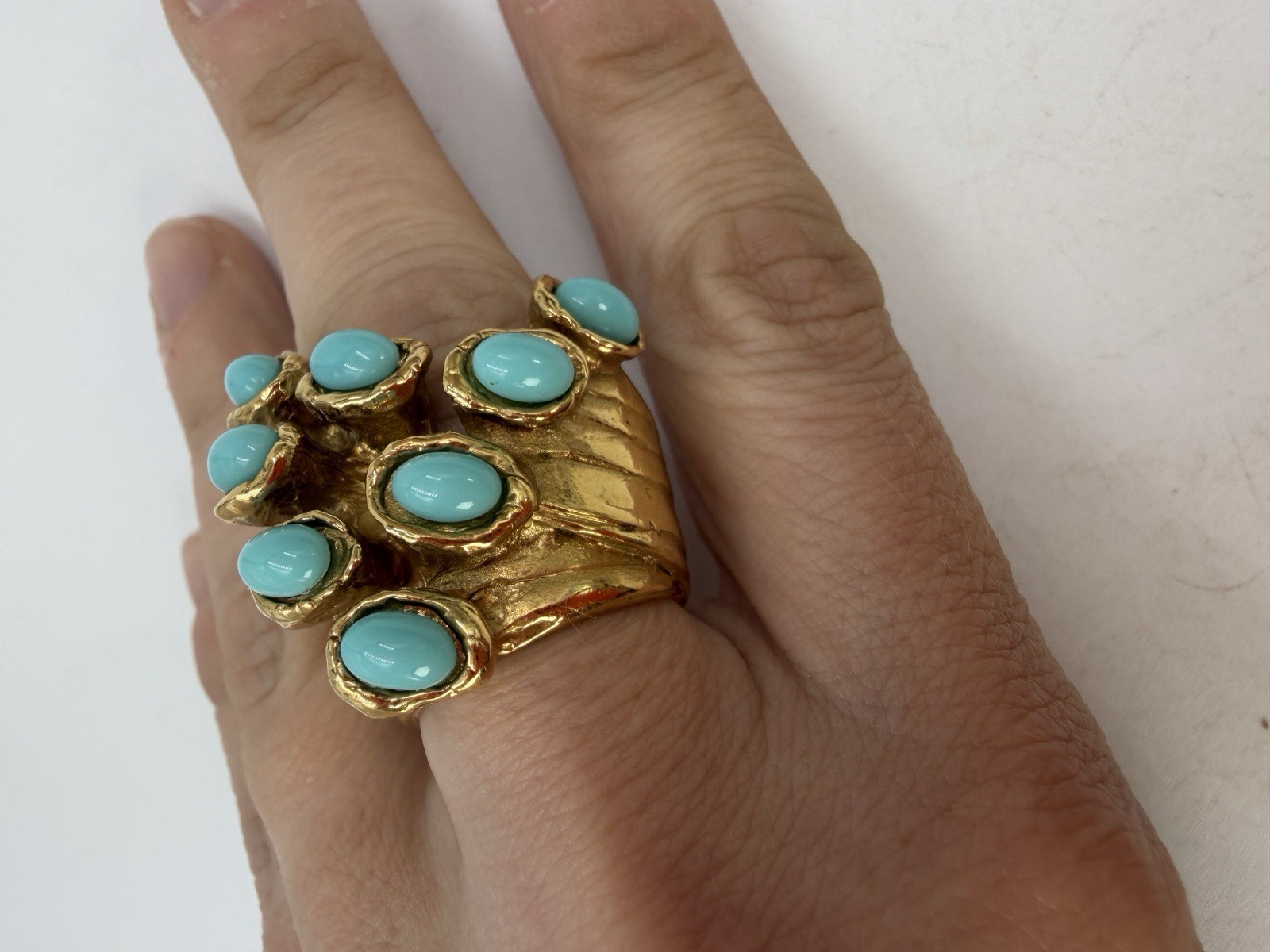 Yves Saint Laurent Ring Cocktail Oceanic Simulated Turquoise Signed Heavy 5.5