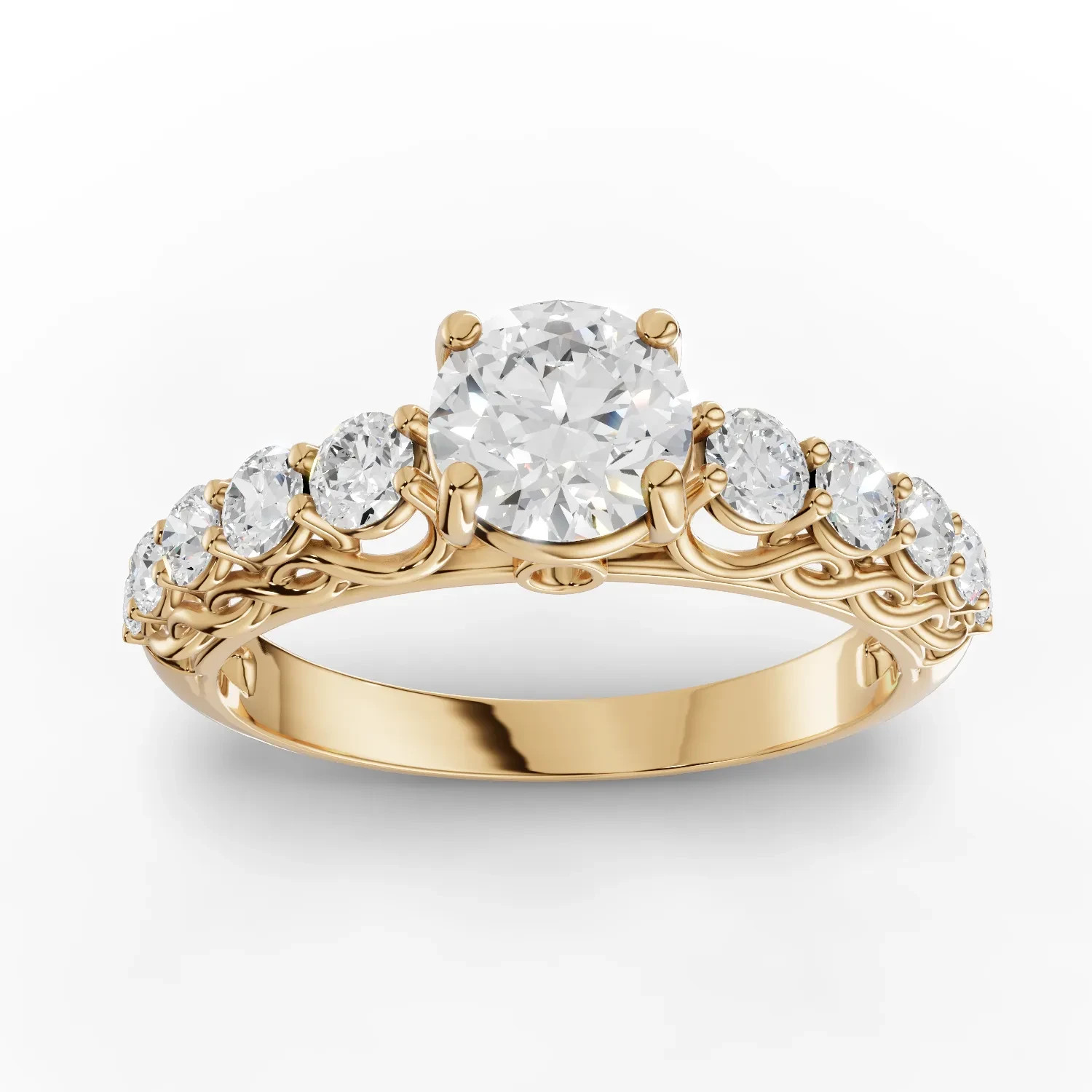 0.94 Ct Round Solitaire Lab Grown Diamond Side Stone Ring 18K Yellow Gold