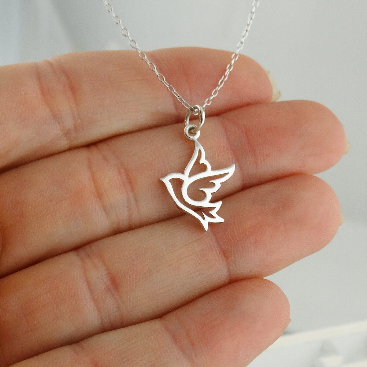 Dove Outline Charm Necklace – 925 Sterling Silver – Bird Peace Christian Faith