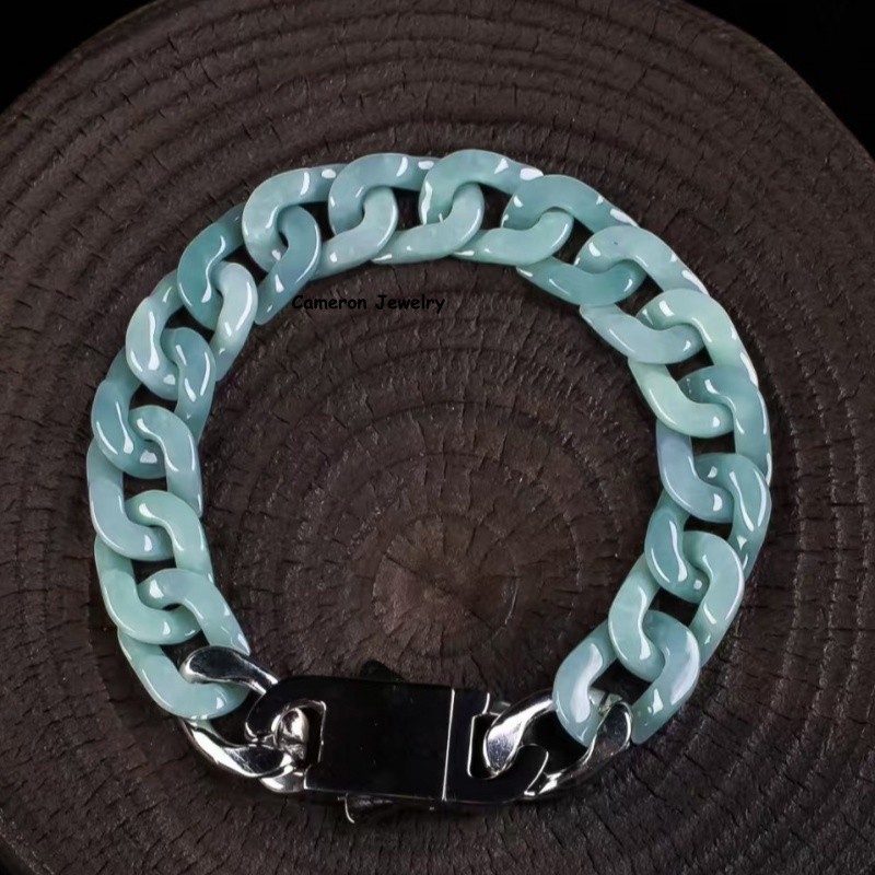 Real Grade A Natural Blue Jade Jadeite Bracelet 12mm Cuban Curb Chain 5.9-8.3in