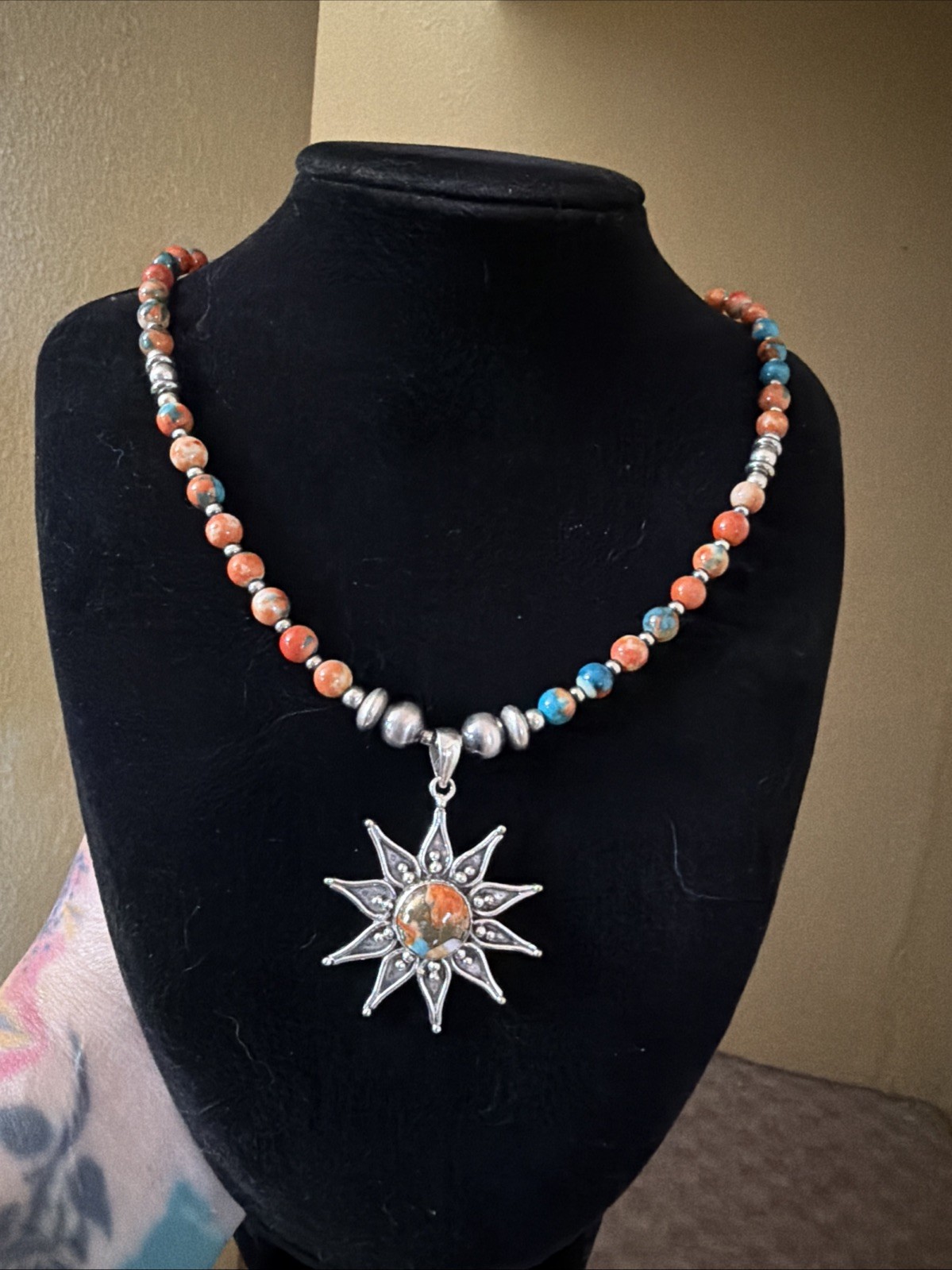 Beautiful Spiny Oyster And Navajo Silver 925 Necklace (homemade) 18-20inches