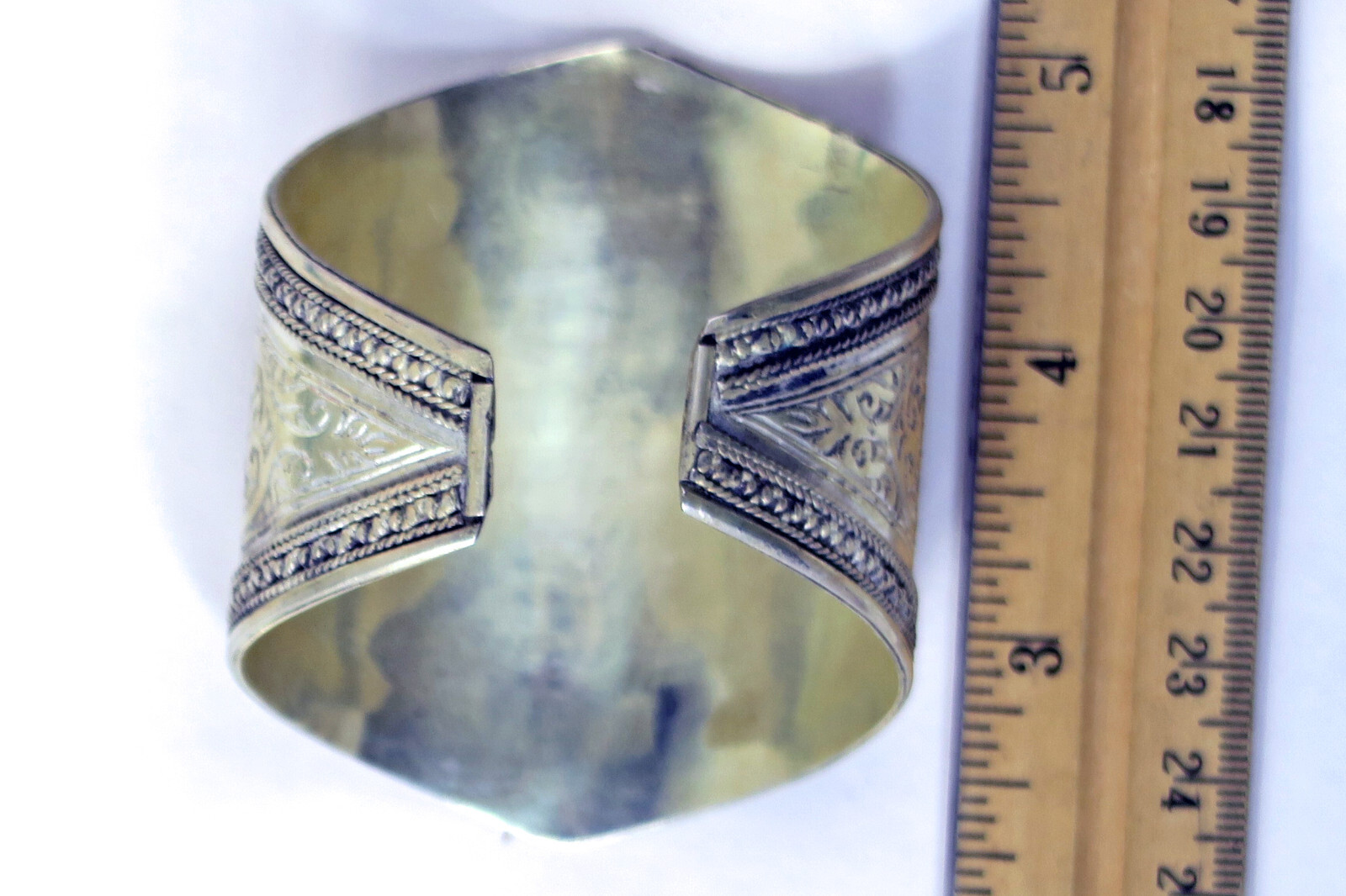 Big Ornately-Engraved Afghan Cuff Bracelet – Handmade Silver Plated #4720