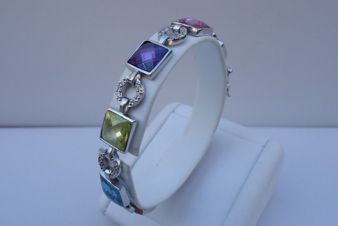 STERLING SILVER BRACELET 28ct MULTI-COLOR GEMSTONES/ LAB CREATED DIAMOND/ 7.5”