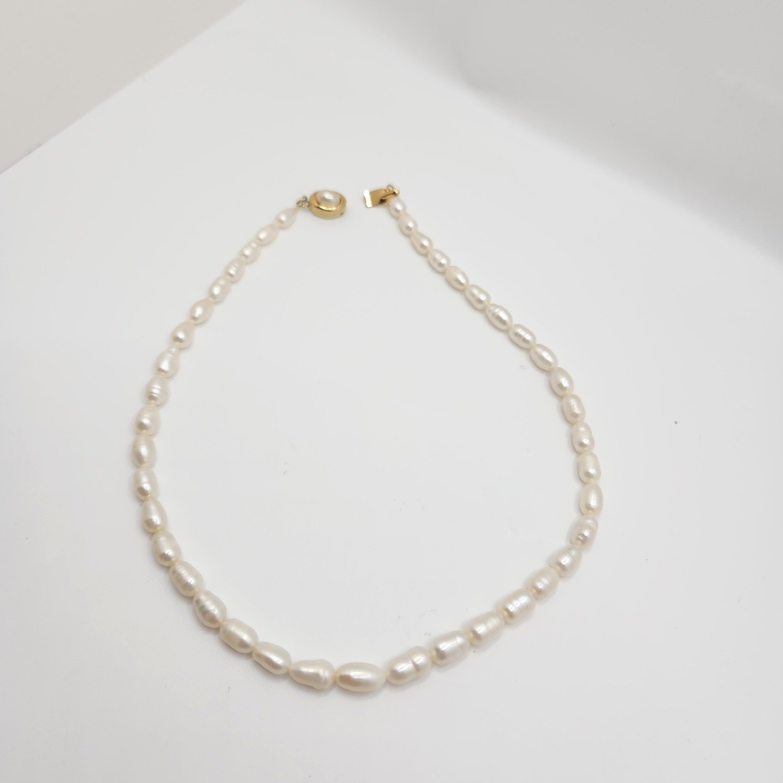Vintage Cultured Pearl Necklace 16 Inch Rice Pearl Gold Tone Box Clasp White