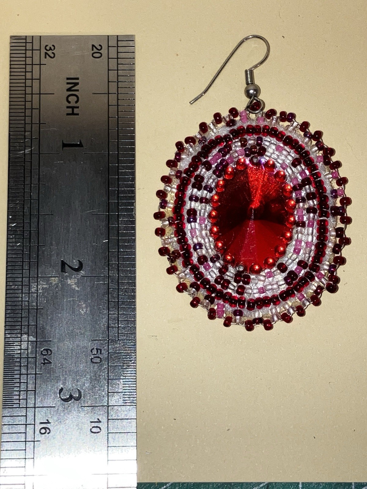 Handcrafted Beaded Dangle Hook Earrings Red Oval Glass Center Pink Clear Beads