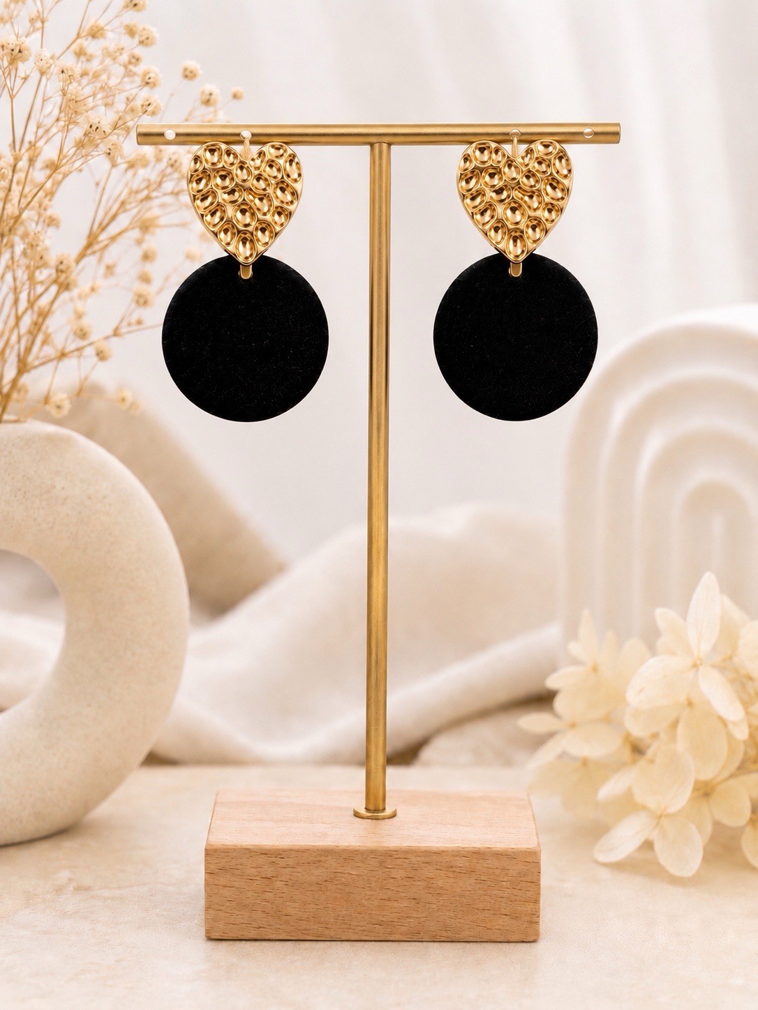 Black Velvet Heart Drop Earrings Gold Tone Statement Gift Box Included