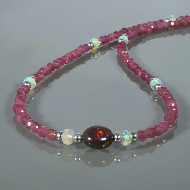 Natural Rainbow Fire Opal & Pink Tourmaline Handmade Beaded Chain Women Necklace