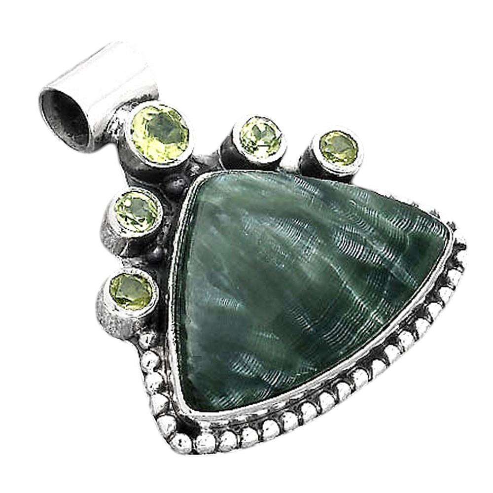 Russian Seraphinite and Peridot 925 Sterling Silver Pendant Jewelry P-1519