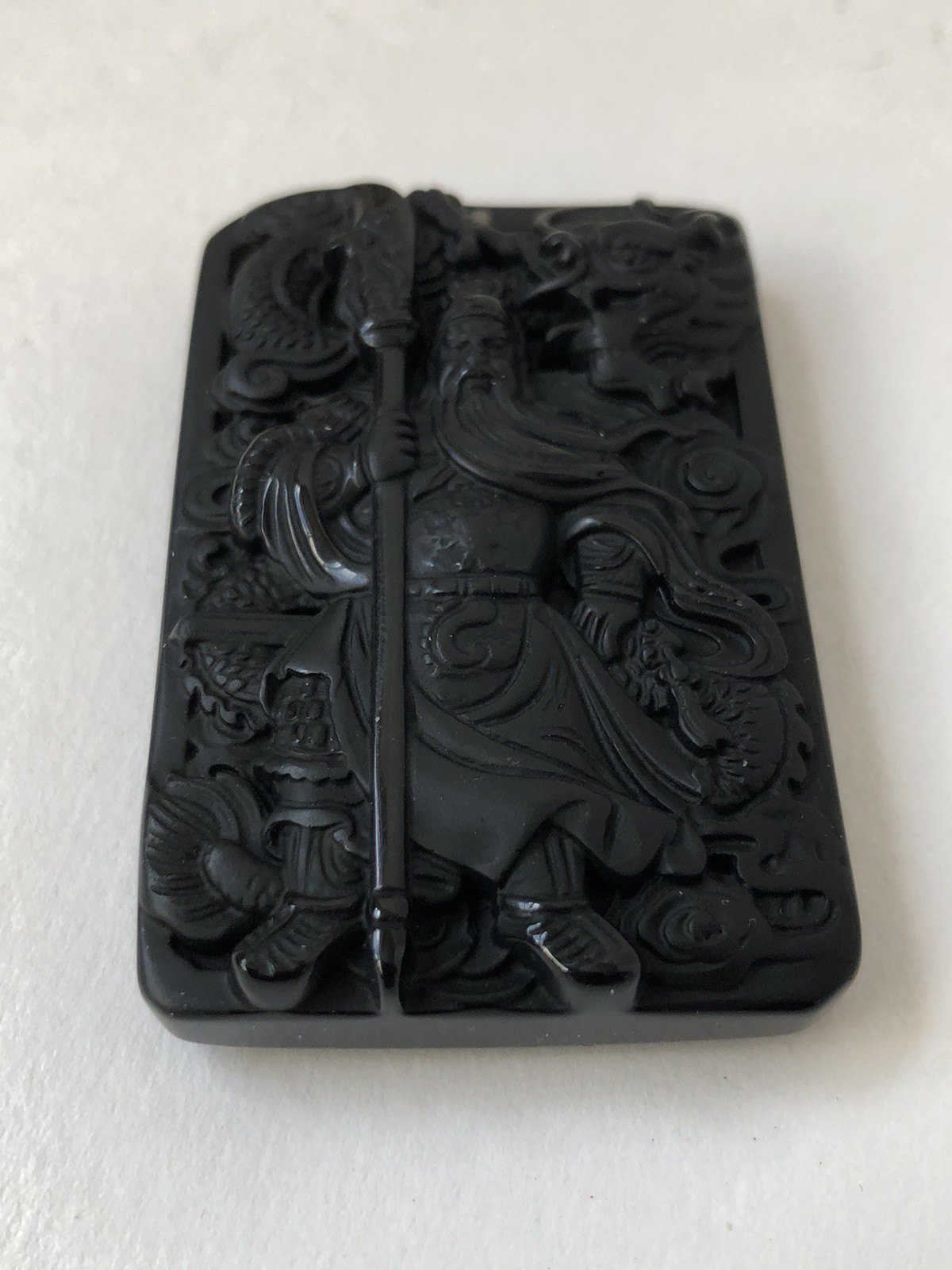 Guan Gong Natural Black Obsidian Necklace Dragon Glass Pendant ‘Guan Yu’ NEW EX