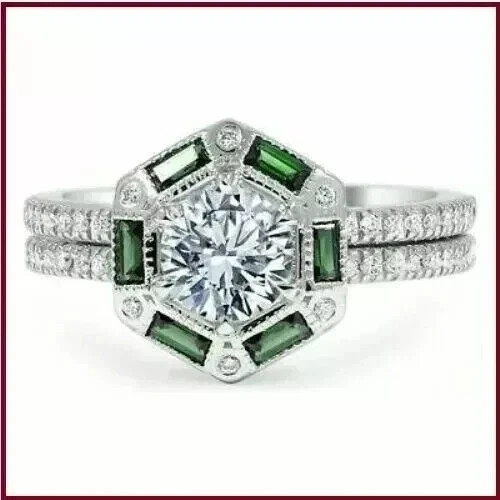 Art Deco Style Round Cut Lab Created Diamond 14k White Gold FN Wedding Ring