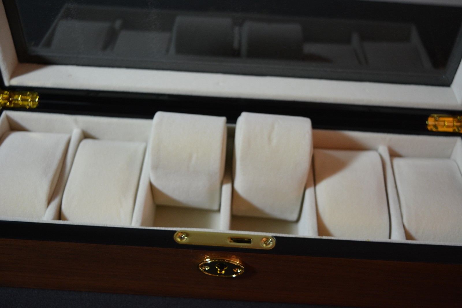 6 slot Luxury Watch Box Jewelry Display Case 6 Wood Grain, glossy, clear lid