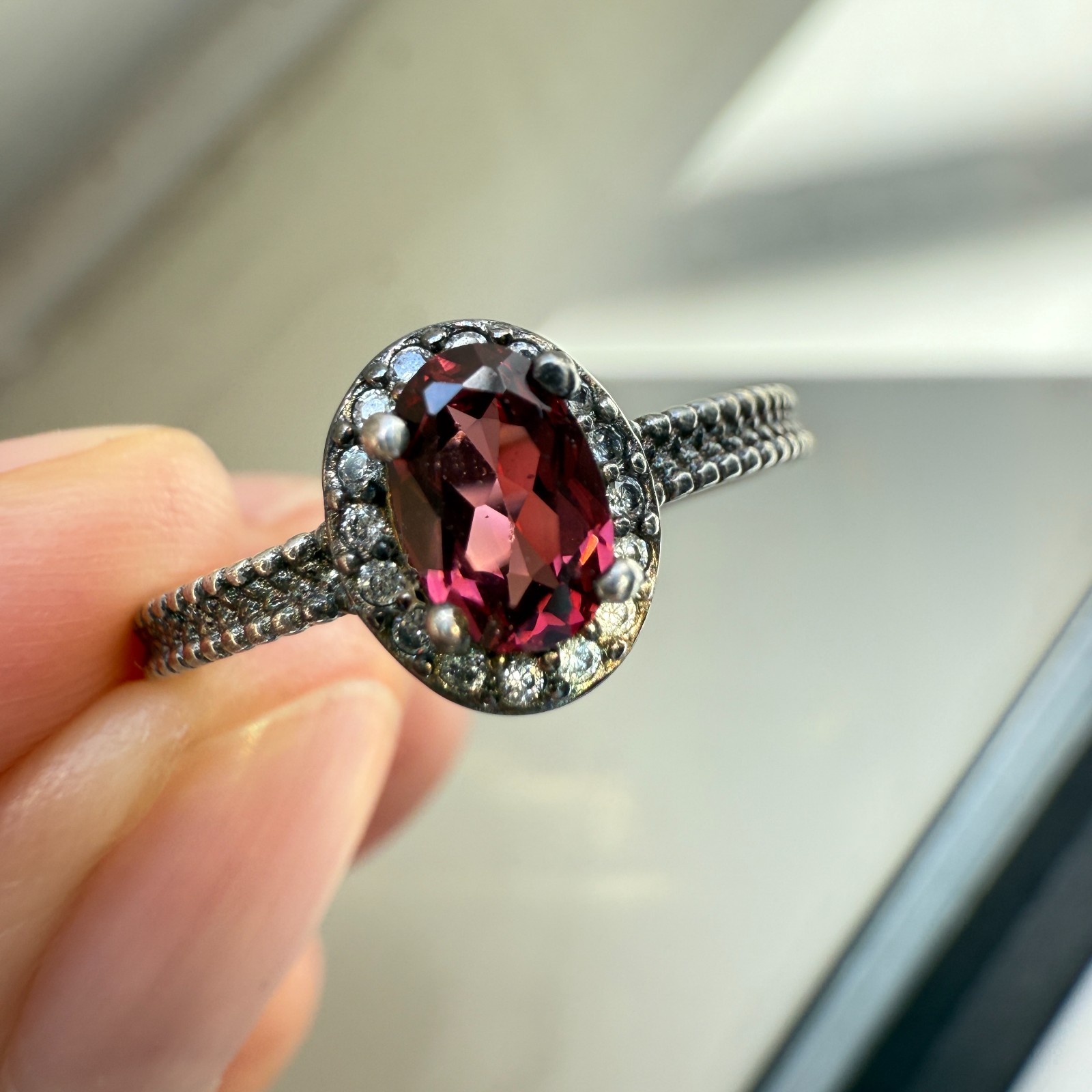 925 Sterling Silver Ring 6x4mm Natural Rhodolite Garnet Zircon Flower Red Gift
