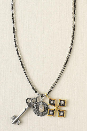 Stella & Dot Liv Multi Charm Maltese Cross Labradorite Stone Key Coin Necklace