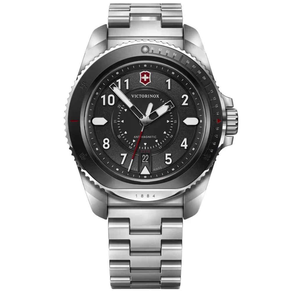 Victorinox Journey Mens Quartz Watch 242009 1884 43mm Black Date Dial Steel 200M