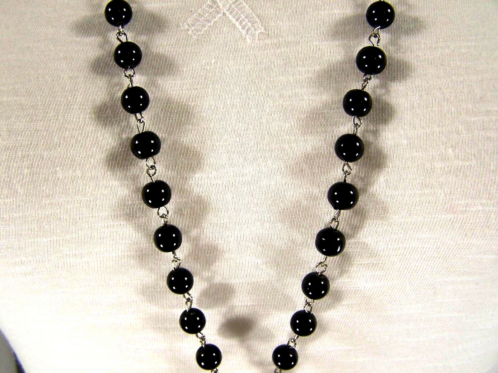 Black faux pearl glass bead beaded rosary silver cross 30″ long necklace