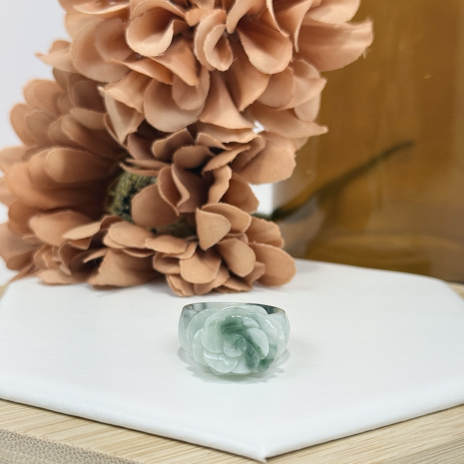 Jadeite Flower Carved Ring Size 9 1/4 Width 9.2MM