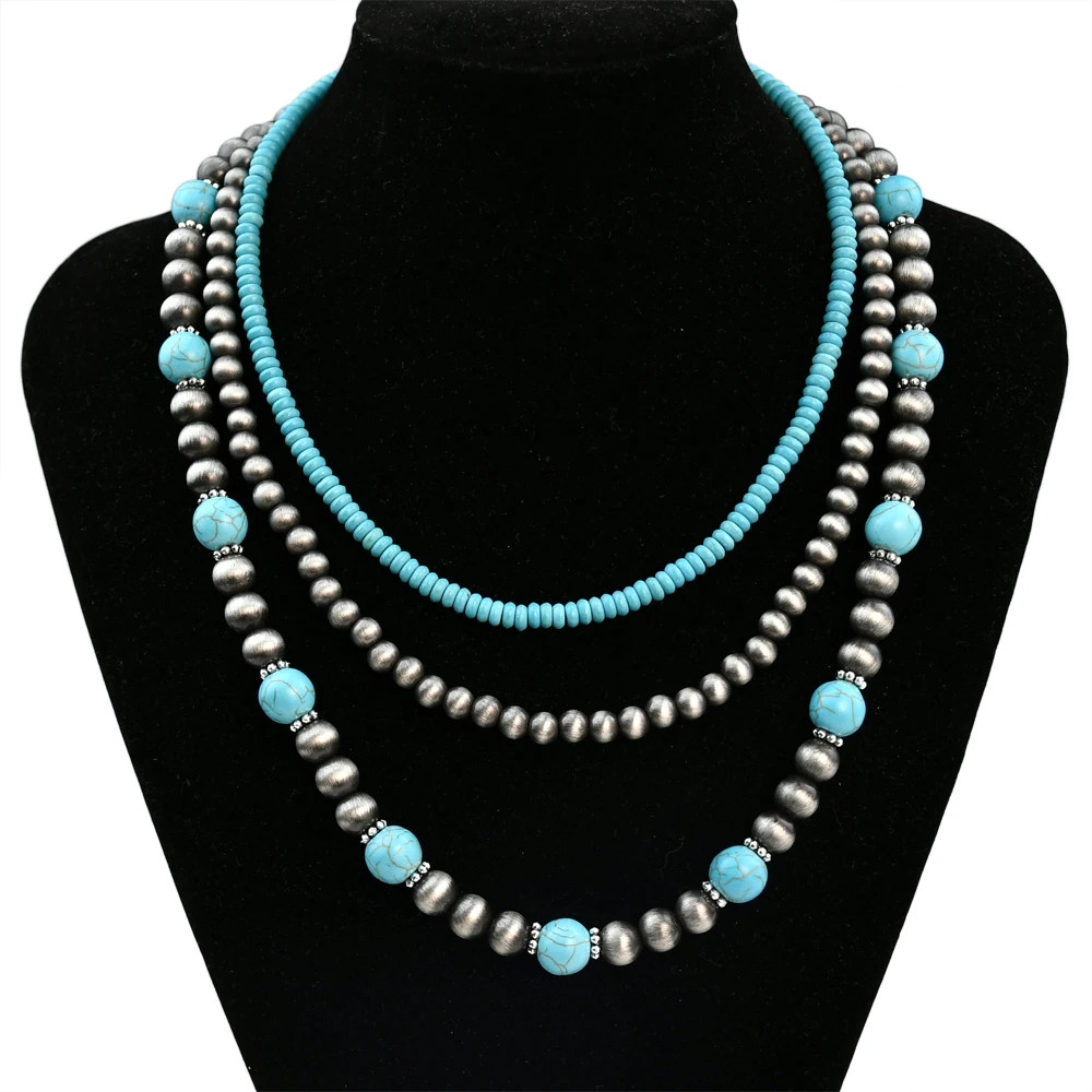 3Pcs Pearl Turquoise Beaded Necklace Set Boho Vintage Choker Women Jewelry