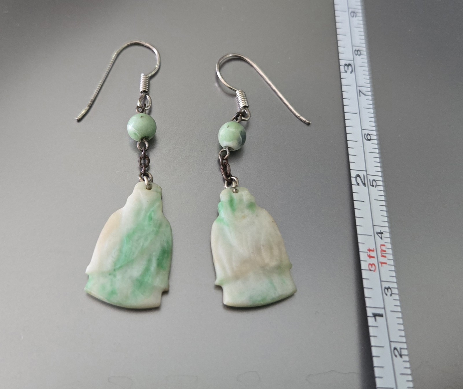 Antique Old Chinese Carved Jade figural Buddha Dangle Earrings Silver Wire