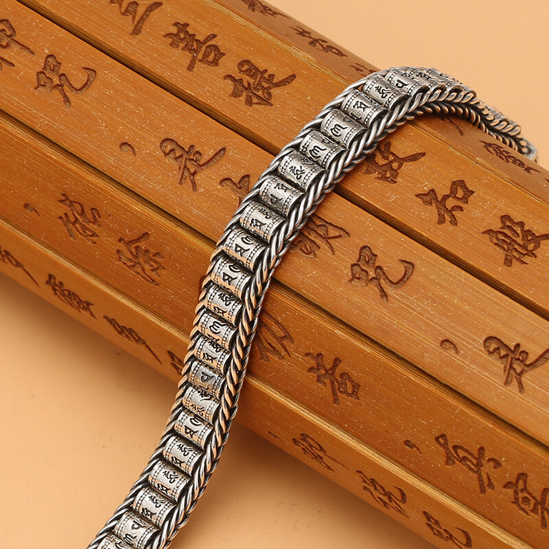 Pure Silver S925 Sterling Silver Chain Men Women Mantra Beaded Link Bracelet