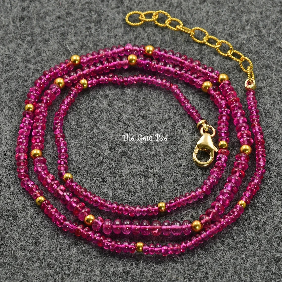 18K Yellow Gold Gem Grade No Heat Ruby Smooth Rondelle Bead Necklace 17″-18.5″
