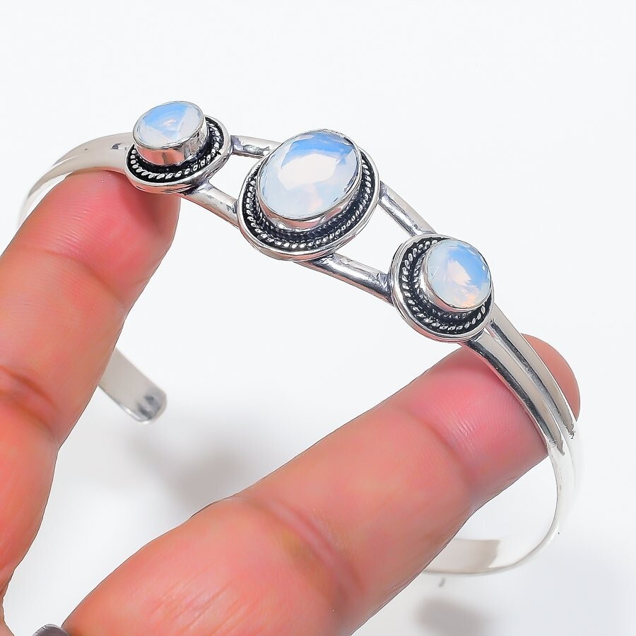 Milky Oplas Gemstone 925 Sterling Silver Jewelry Cuff Bracelet Adjustable