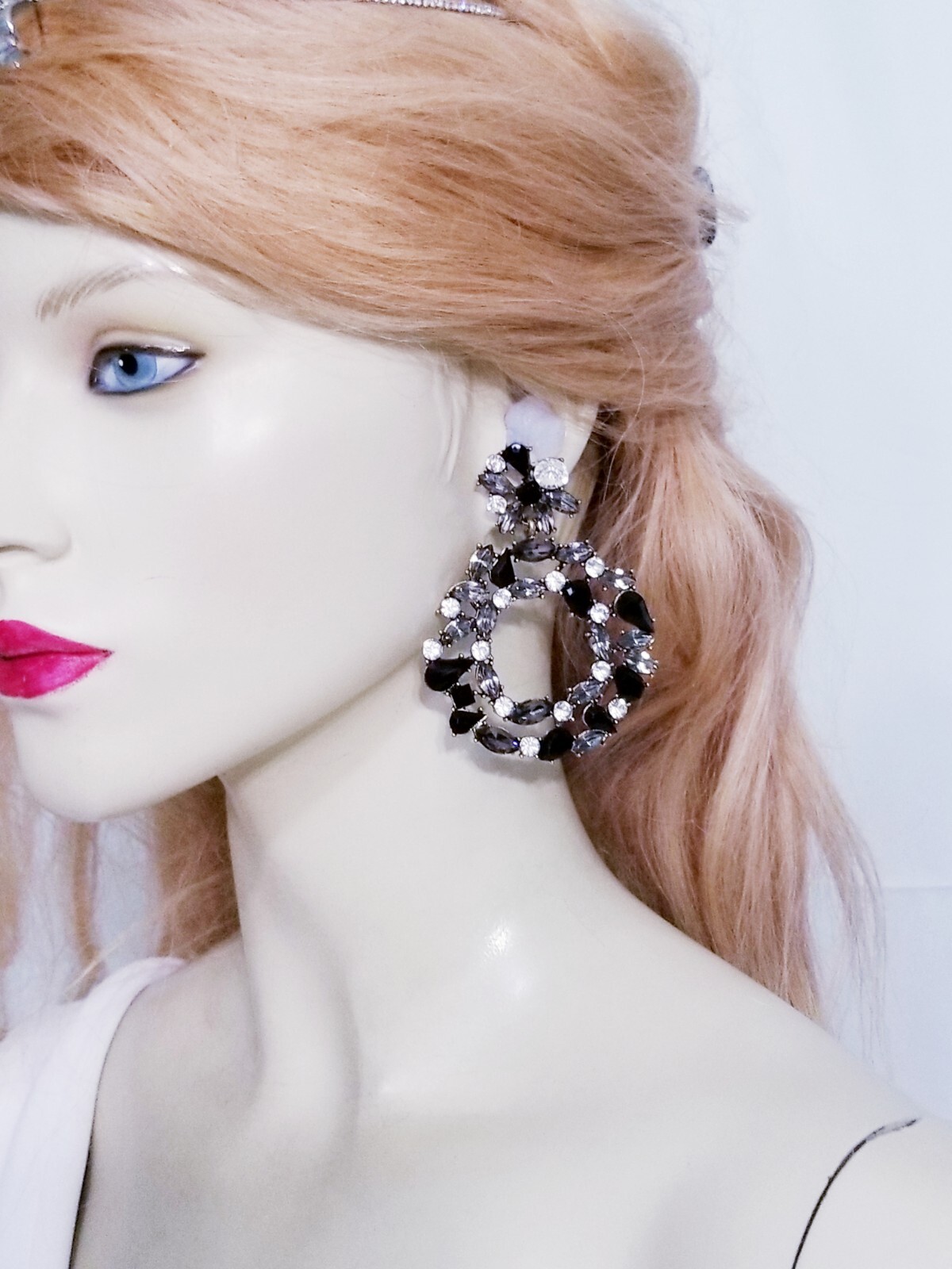 Chandelier Rhinestone Crystal Pageant Bridal Earrings Black Hoops Dangle 2.8 in