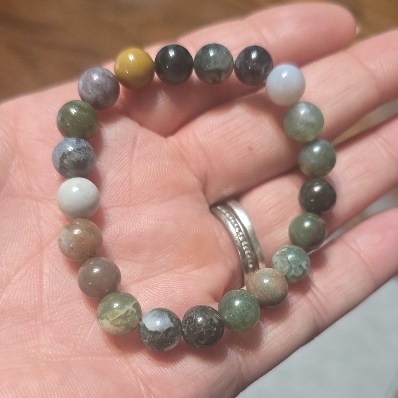 Moss Agate Beaded Stretch Bracelet, Round Beads, Stackable, No Closure