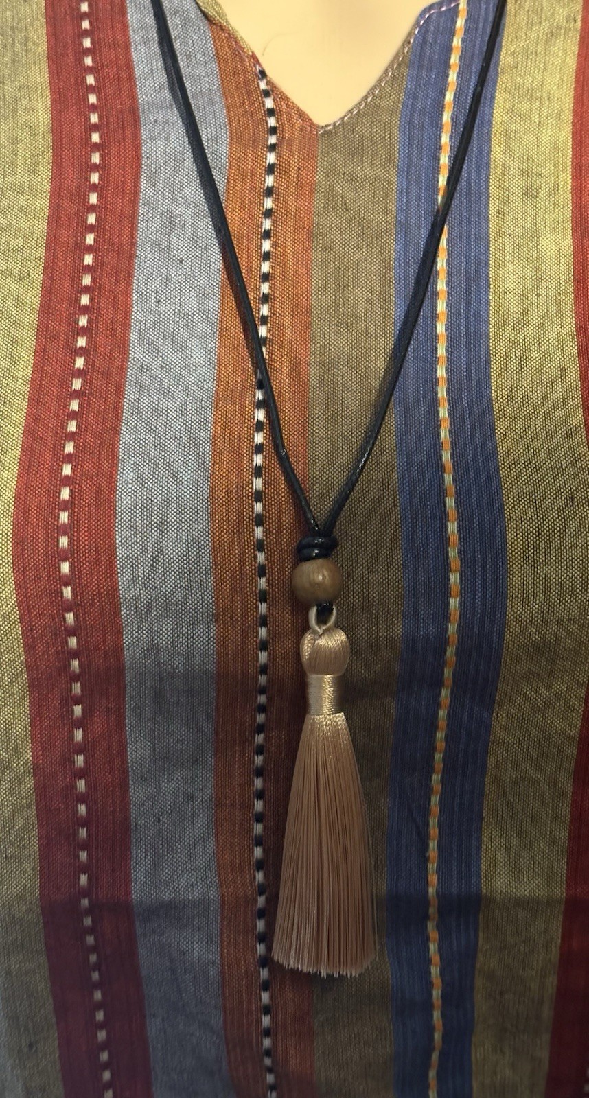 Boho Tassel Pendant Black Cord Necklace Gold Bead Adjustable Slide Closure