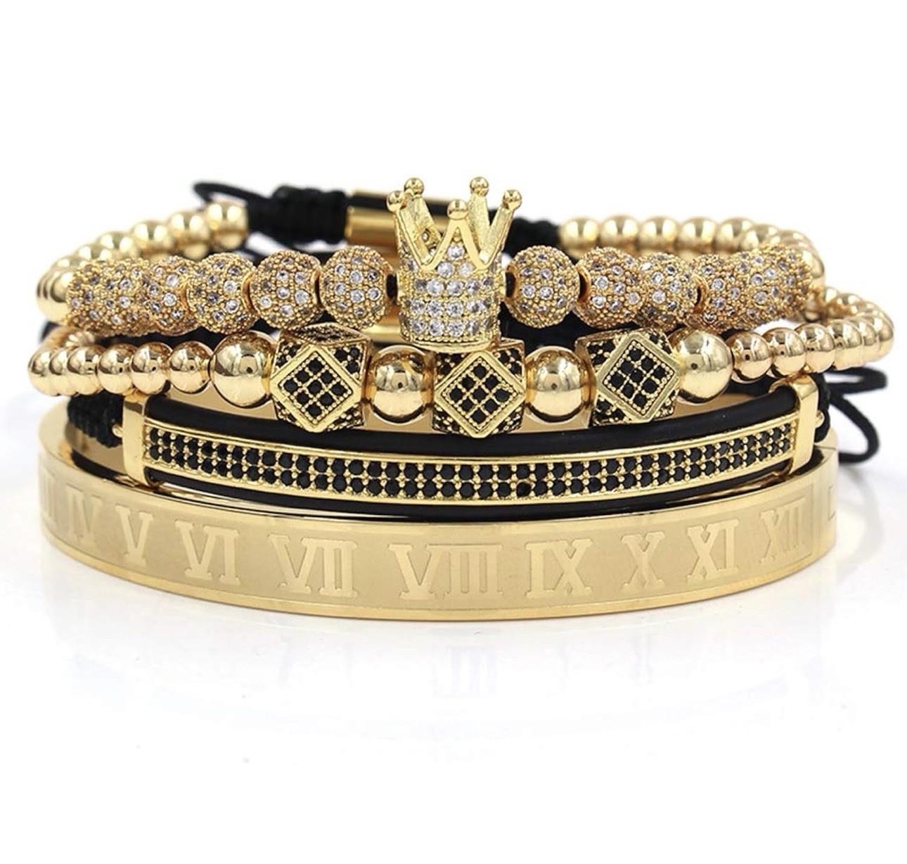 Stackable Adjustable Gold Tone Crown Charm Beaded Set, Roman Numeral Bangle 4pcs