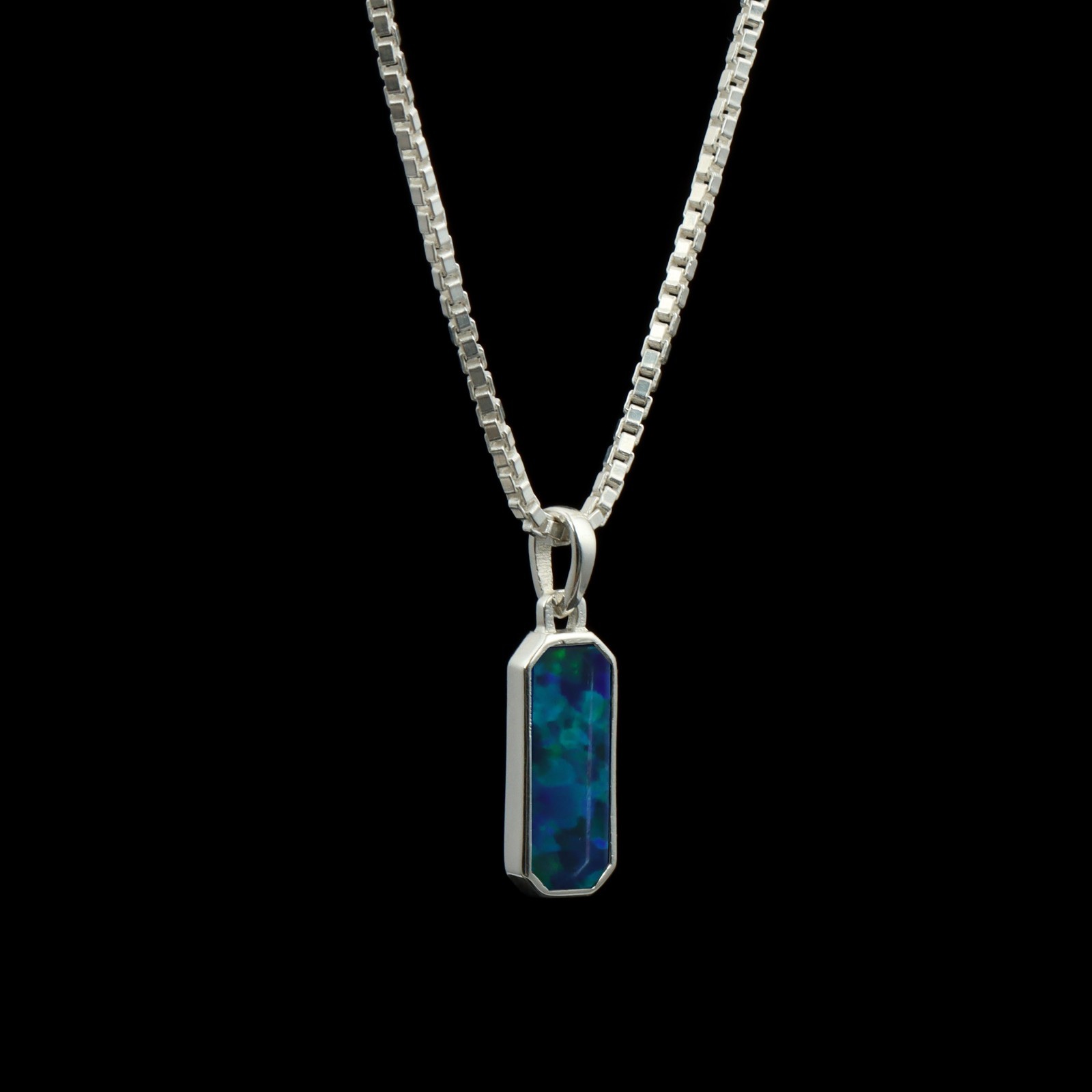 Rectangular Blue Fire Opal Pendant in Polished 925 Sterling Silver Jewelry Gift