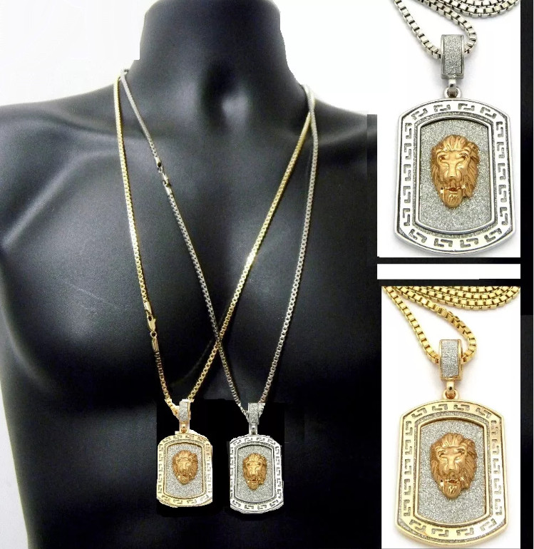 Lion Head Dog Tag King Pendant Glitter Rap Hip Hop Necklace Box Chain Egypt