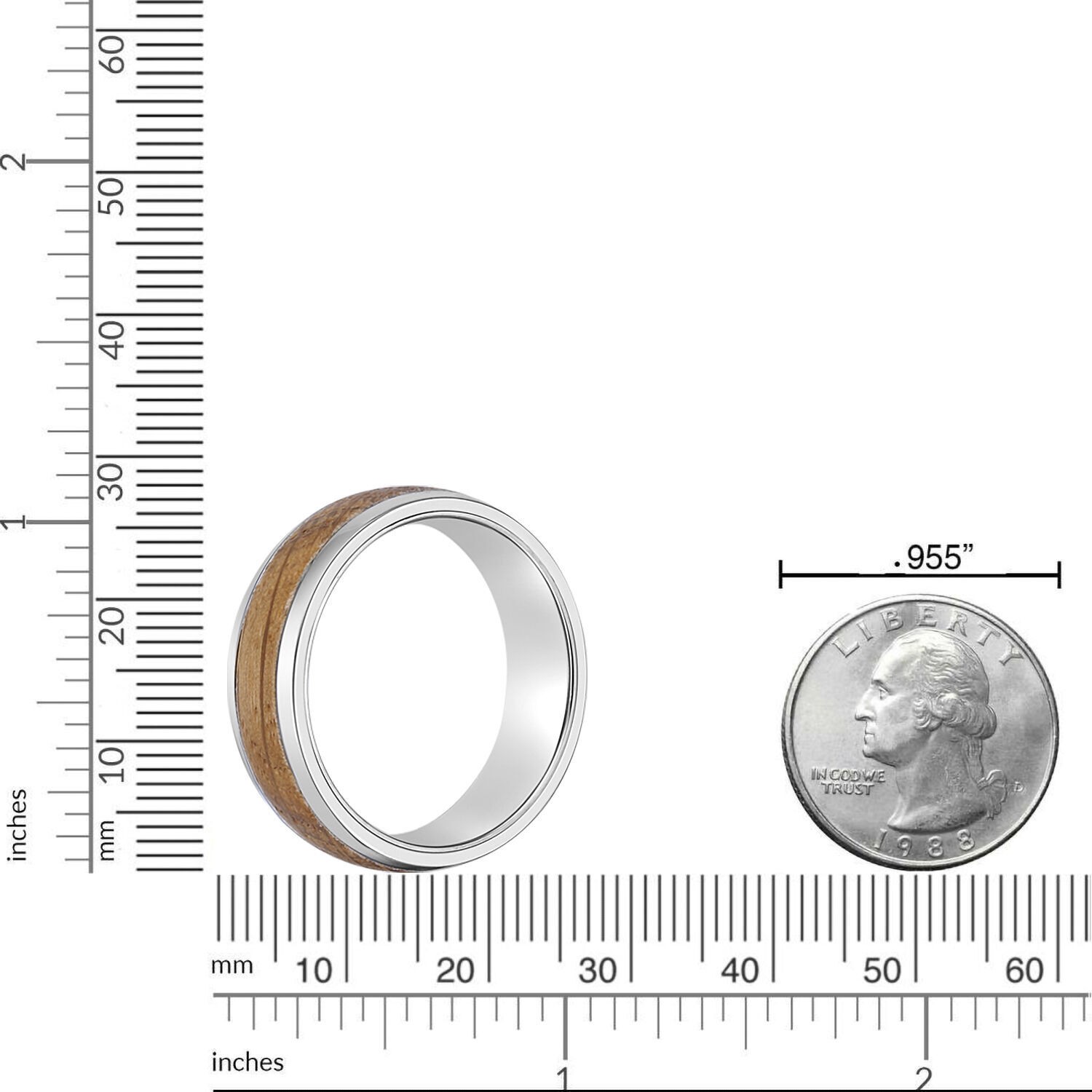 Stainless Steel Ring with Whiskey Barrel Wood Inlay and Clear Resin – Size 8-12