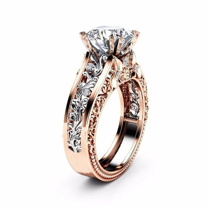 Rose Gold Tone Ring Zircon Stones Hollow Carved Band Engagement Women Jewelry