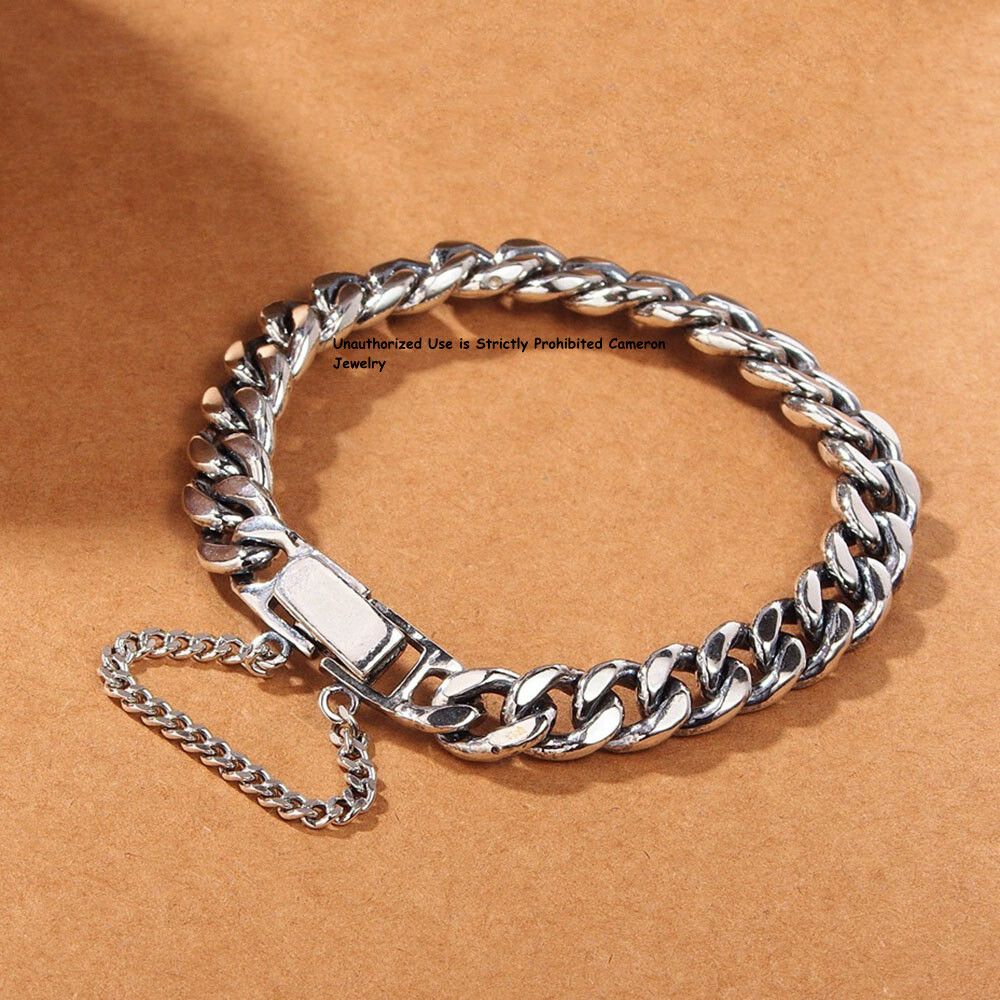 Pure S925 Sterling Silver Chain 8mm Curb Extend Link Bracelet 6.7-8.3inch