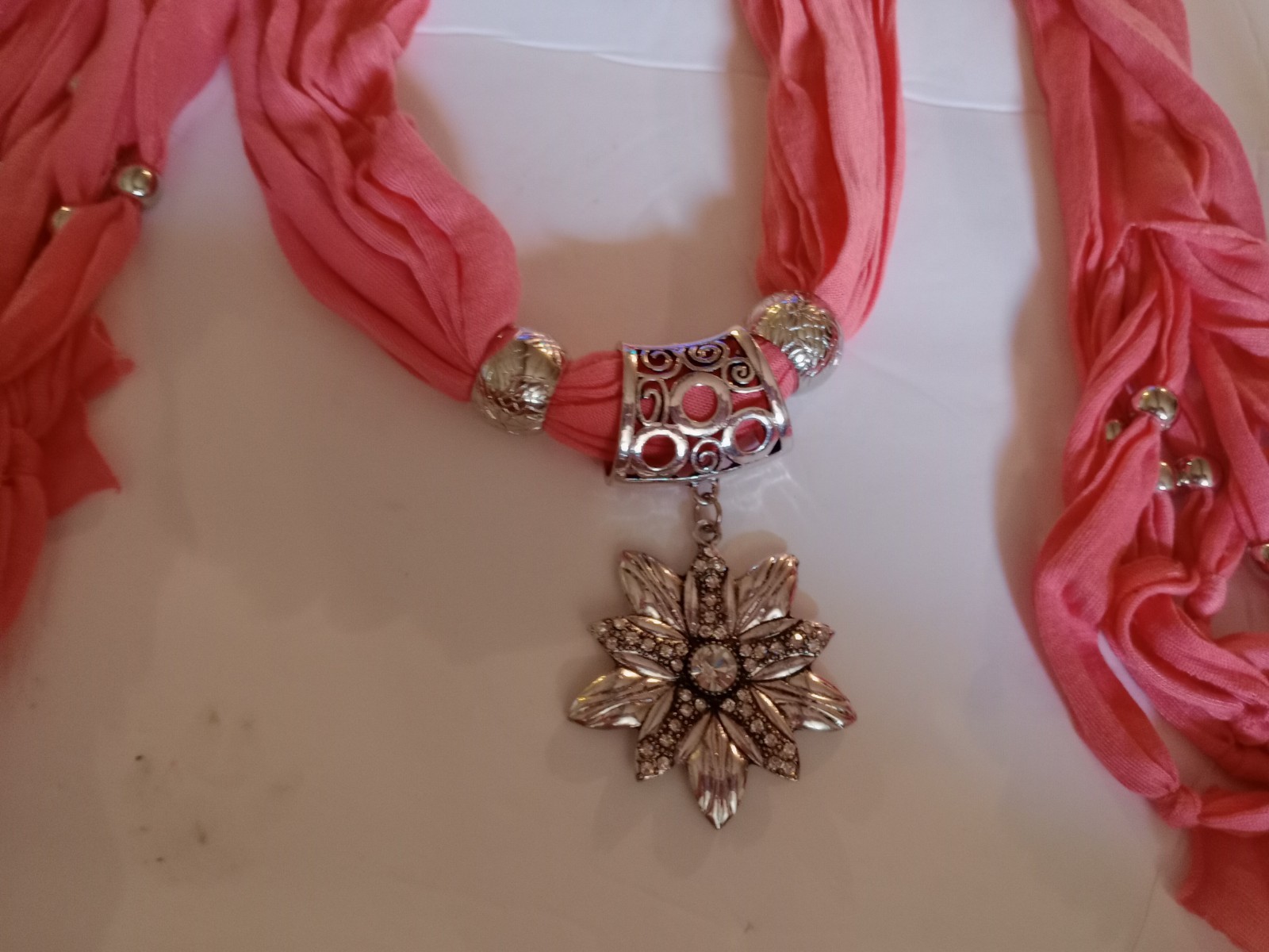 NEW Scarf Necklace with pendant, PEACH with silver tone jewelry