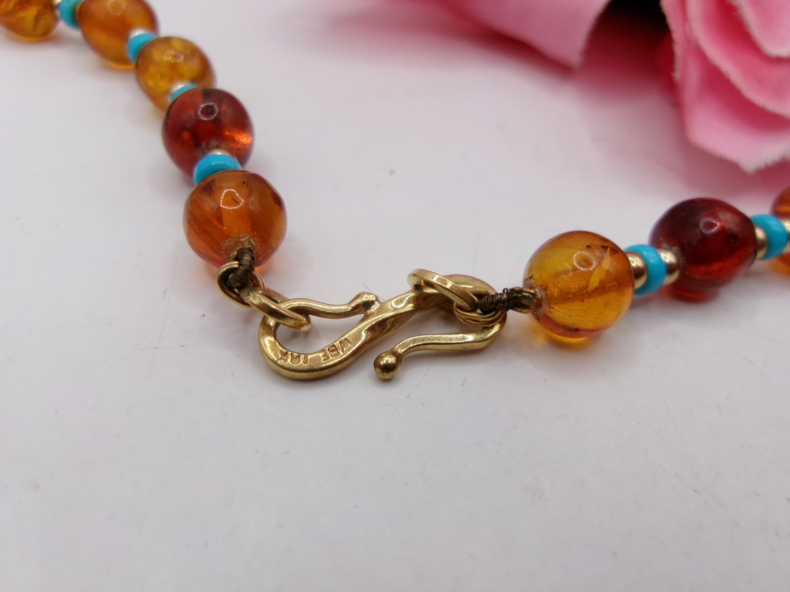 VTG WBE 18K Solid Gold S Hook Clasp on Baltic & Golden Amber Turquoise Necklace