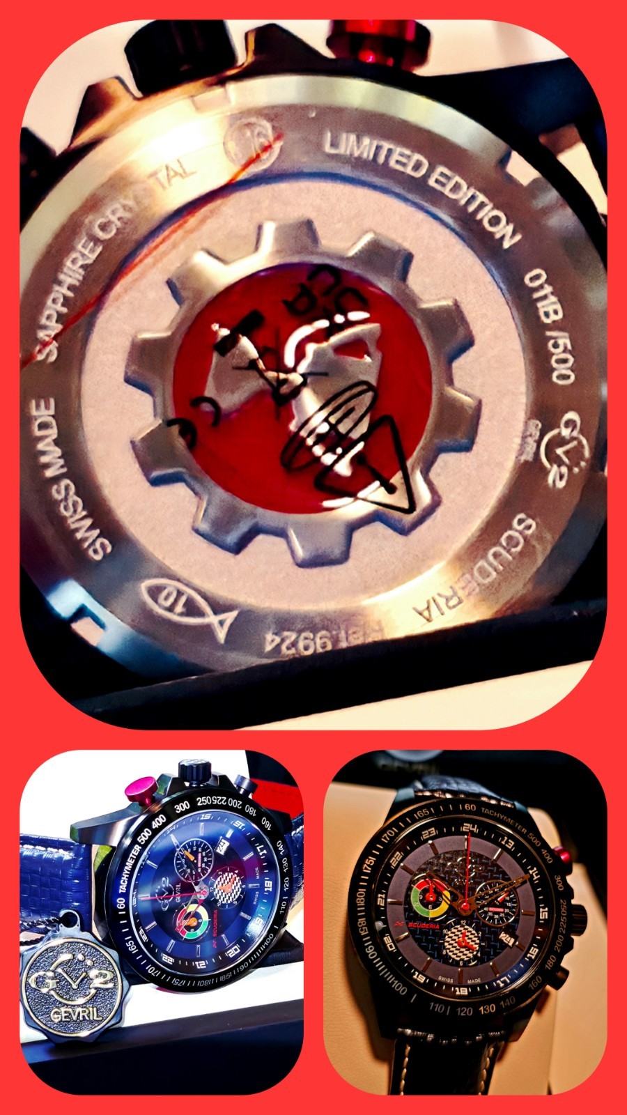 GEVRIL SCUDERIA SWISS MADE ⌚ TACHOMETER SAPPHIRE CRYSTAL CARBON FIBER BLUE ALARM