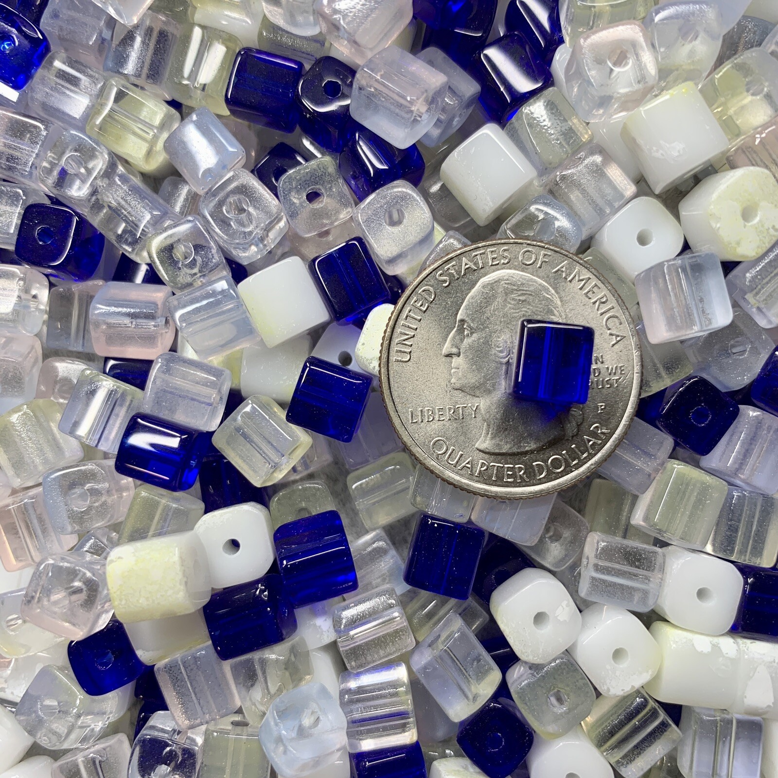 1LB/454G Assorted Blue/ Transparent/ White 6mm Square Cube Crystal Glass Beads