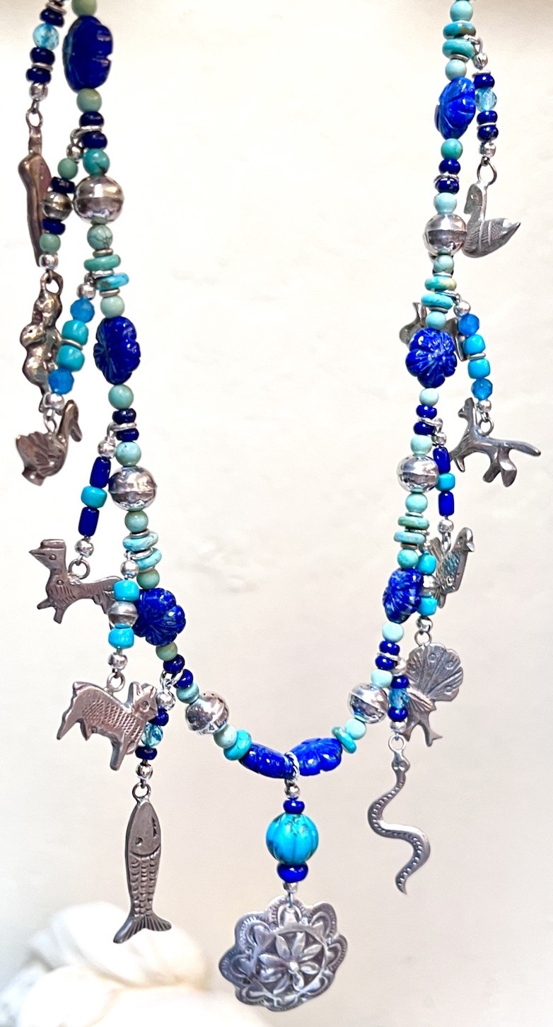 LOVELY Southwest Artisan Sterling Silver Turquoise, Lapis Milagro Charm Necklace